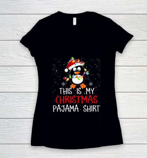 This Is My Christmas Pajama Shirt Penguins Santa Gift Women's V-Neck T-Shirt