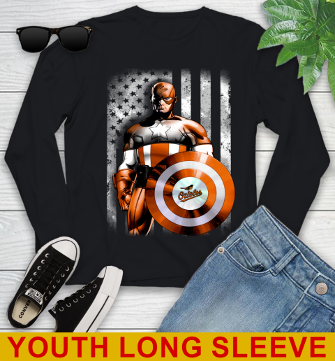 Baltimore Orioles MLB Baseball Captain America Marvel Avengers American Flag Shirt Youth Long Sleeve