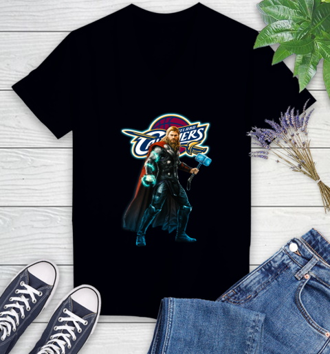 NBA Thor Avengers Endgame Basketball Cleveland Cavaliers Women's V-Neck T-Shirt 2