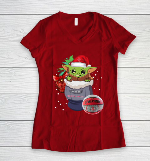 Houston Rockets Christmas Baby Yoda Star Wars Funny Happy NBA Women's V-Neck T-Shirt 10