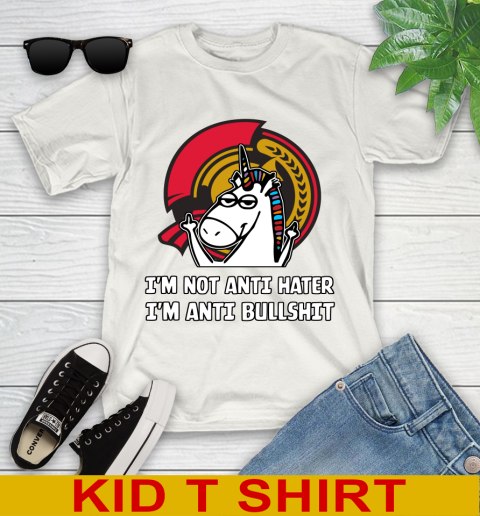 Ottawa Senators NHL Hockey Unicorn I'm Not Anti Hater I'm Anti Bullshit Youth T-Shirt