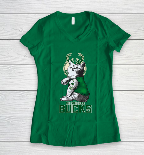 NBA Basketball My Cat Loves Milwaukee Bucks Women's V-Neck T-Shirt 3