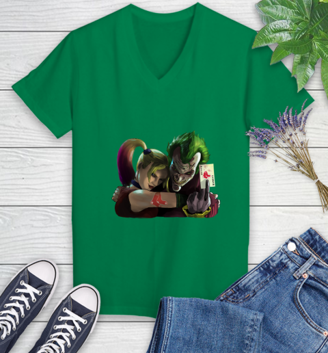 Boston Red Sox MLB Baseball Joker Harley Quinn Suicide Squad Women's V-Neck T-Shirt 5