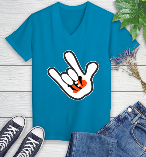 Cincinnati Bengals NFL Football Mickey Rock Hand Disney Women's V-Neck T-Shirt 7