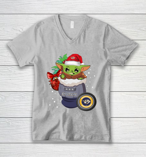 Nashville Predators Christmas Baby Yoda Star Wars Funny Happy NHL V-Neck T-Shirt 4