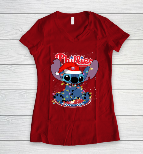 Philadelphia Phillies MLB noel stitch Baseball Christmas Women's V-Neck T-Shirt - Image 7