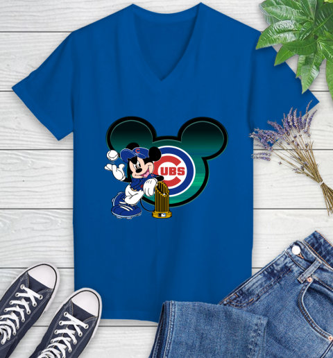 MLB Chicago Cubs The Commissioner's Trophy Mickey Mouse Disney Women's V-Neck T-Shirt 10