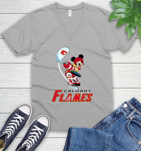 NHL Hockey Calgary Flames Cheerful Mickey Mouse Shirt V-Neck T-Shirt 4