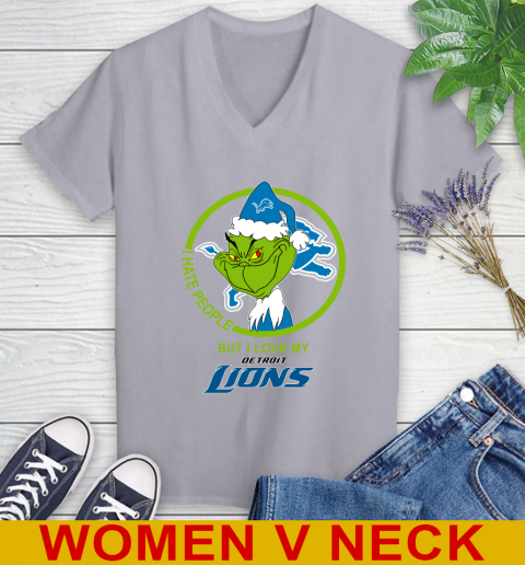 Detroit Lions NFL Christmas Grinch I Hate People But I Love My Favorite Football Team Women's V-Neck T-Shirt 5