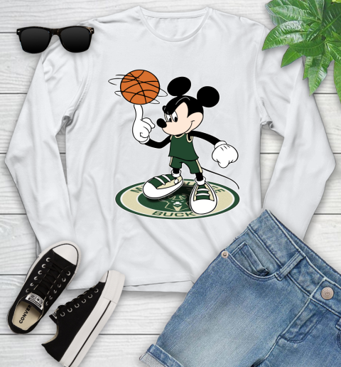 NBA Basketball Milwaukee Bucks Cheerful Mickey Disney Shirt Youth Long Sleeve 2