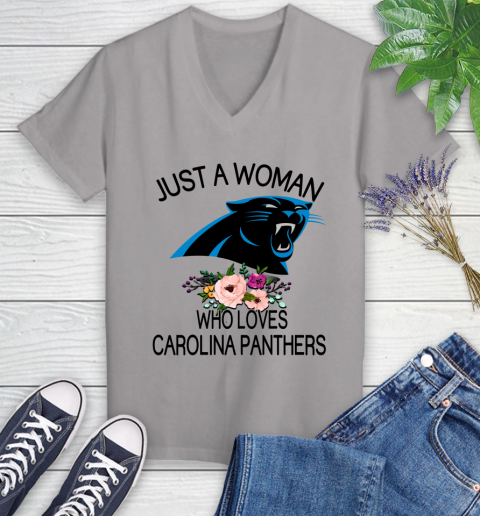 NFL Just A Woman Who Loves Carolina Panthers Football Sports Women's V-Neck T-Shirt 2