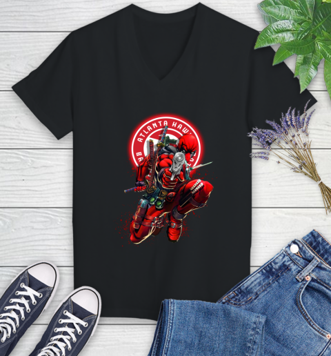 NBA Deadpool Marvel Comics Sports Basketball Atlanta Hawks Women's V-Neck T-Shirt 2