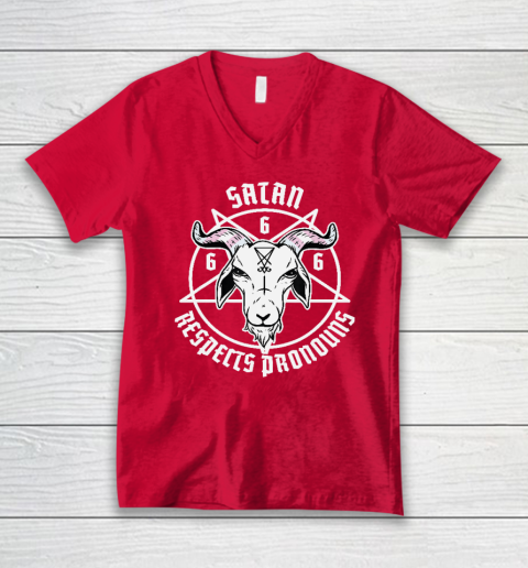 Satan Respects Pronouns Transgender Pentagram Trans Flag V-Neck T-Shirt 5