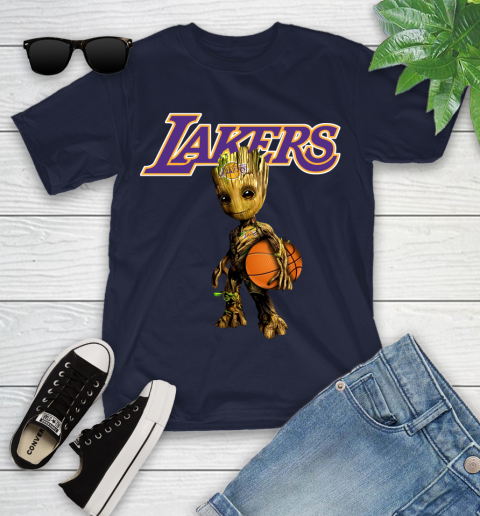 Los Angeles Lakers NBA Basketball Groot Marvel Guardians Of The Galaxy Youth T-Shirt 3