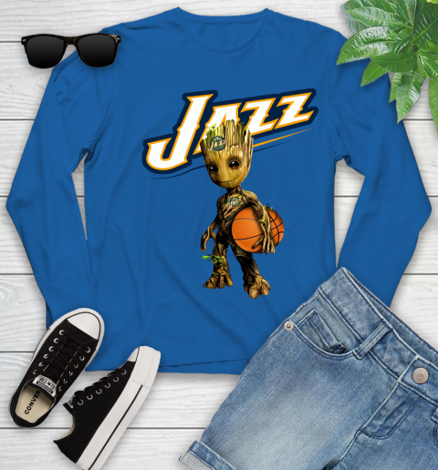Utah Jazz NBA Basketball Groot Marvel Guardians Of The Galaxy Youth Long Sleeve 9