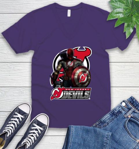 NHL Captain America Thor Spider Man Hawkeye Avengers Endgame Hockey New Jersey Devils V-Neck T-Shirt 10