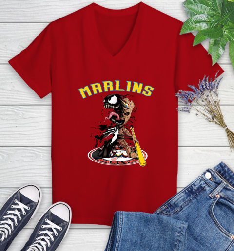 MLB Miami Marlins Baseball Venom Groot Guardians Of The Galaxy Women's V-Neck T-Shirt 12