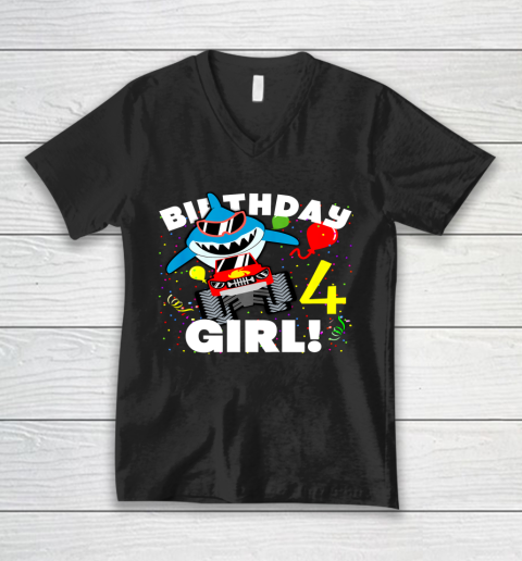 Kids 4 Year Old 4th Shark Monster Truck Birthday Party For Girls V-Neck T-Shirt