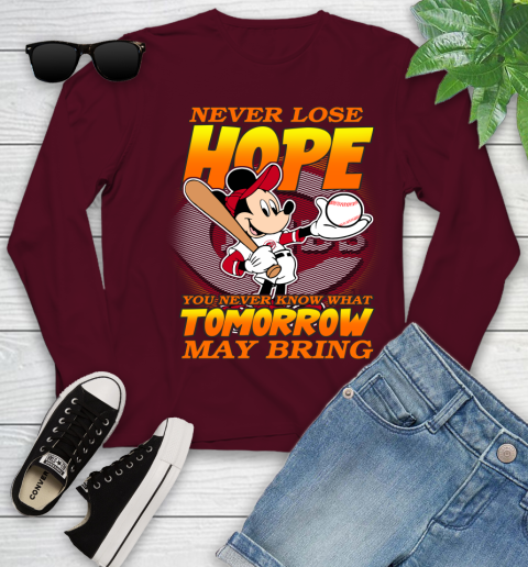 Cincinnati Reds MLB Baseball Mickey Disney Never Lose Hope Youth Long Sleeve 6