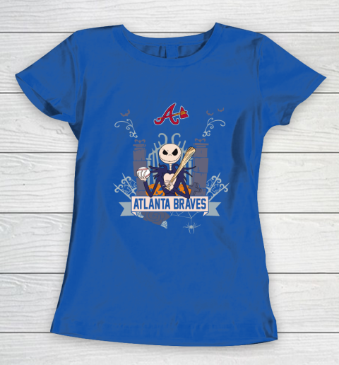 MLB Atlanta Braves Baseball Jack Skellington Halloween Women's T-Shirt 8