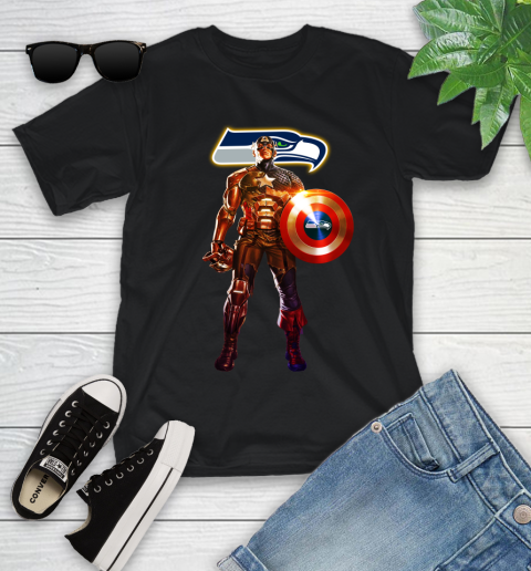 NFL Captain America Marvel Avengers Endgame Football Sports Seattle Seahawks Youth T-Shirt 2
