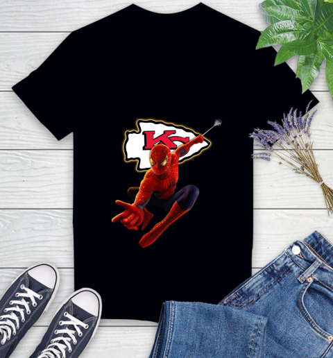 NFL Spider Man Avengers Endgame Football Kansas City Chiefs Women's V-Neck T-Shirt 2
