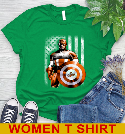 Baltimore Orioles MLB Baseball Captain America Marvel Avengers American Flag Shirt Women's T-Shirt 7