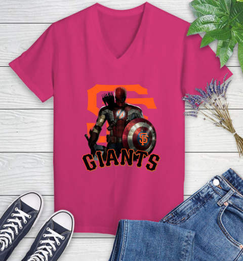 MLB Captain America Thor Spider Man Hawkeye Avengers Endgame Baseball San Francisco Giants Women's V-Neck T-Shirt 9