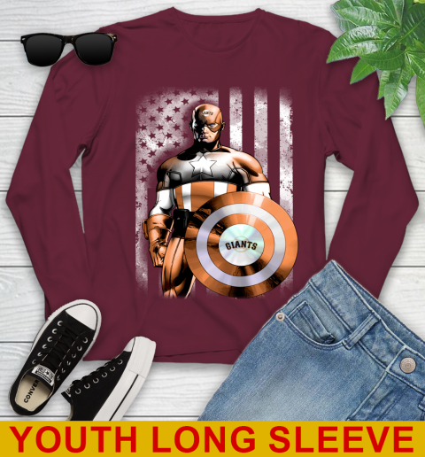 San Francisco Giants MLB Baseball Captain America Marvel Avengers American Flag Shirt Youth Long Sleeve 6