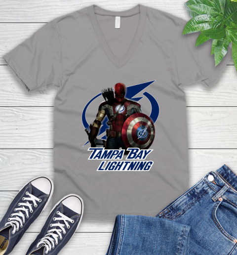 NHL Captain America Thor Spider Man Hawkeye Avengers Endgame Hockey Tampa Bay Lightning V-Neck T-Shirt 4