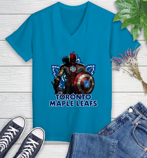 NHL Captain America Thor Spider Man Hawkeye Avengers Endgame Hockey Toronto Maple Leafs Women's V-Neck T-Shirt 7