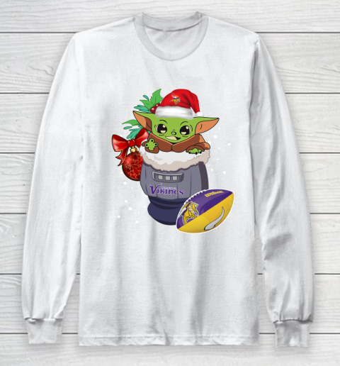 Minnesota Vikings Christmas Baby Yoda Star Wars Funny Happy NFL Long Sleeve T-Shirt 2