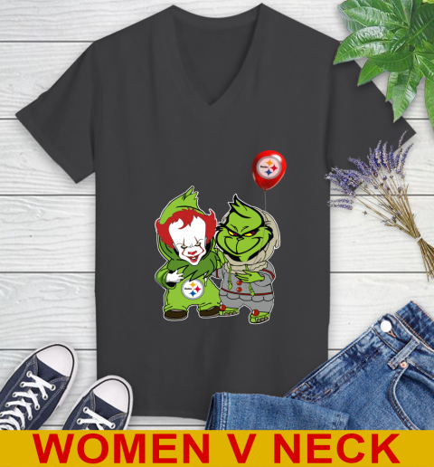 Pittsburgh Steelers Baby Pennywise Grinch Christmas NFL Football Women's V-Neck T-Shirt 9