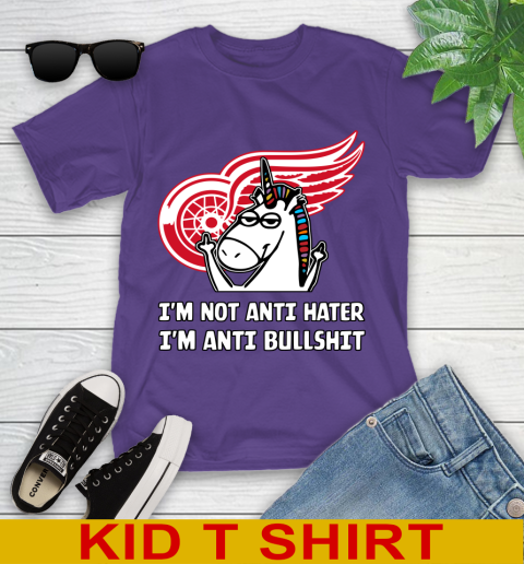 Detroit Red Wings NHL Hockey Unicorn I'm Not Anti Hater I'm Anti Bullshit Youth T-Shirt 4