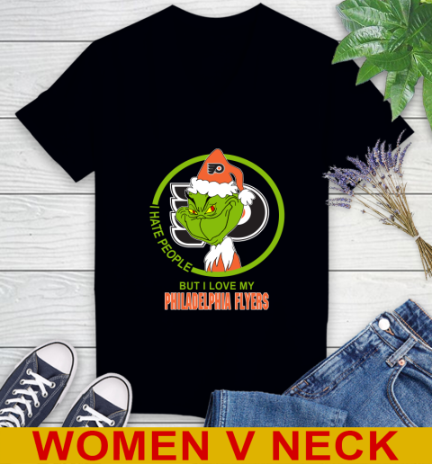 Philadelphia Flyers NHL Christmas Grinch I Hate People But I Love My Favorite Hockey Team Women's V-Neck T-Shirt 2