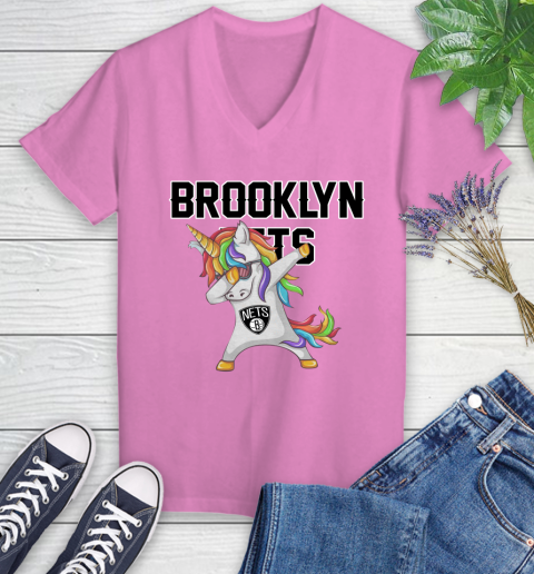 Brooklyn Nets NBA Basketball Funny Unicorn Dabbing Sports Women's V-Neck T-Shirt 14