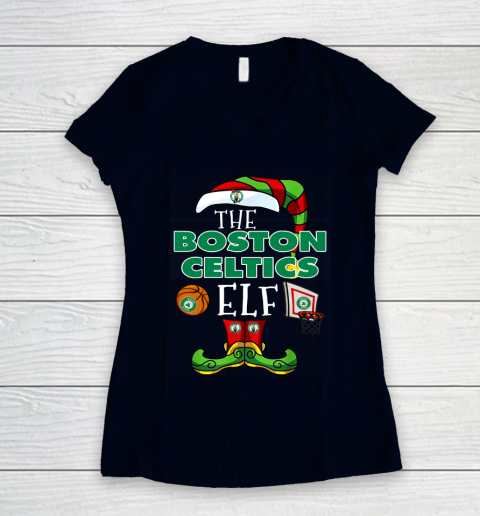 Boston Celtics Christmas ELF Funny NBA Women's V-Neck T-Shirt 2