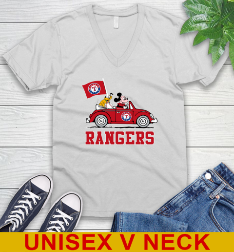 MLB Baseball Texas Rangers Pluto Mickey Driving Disney Shirt V-Neck T-Shirt