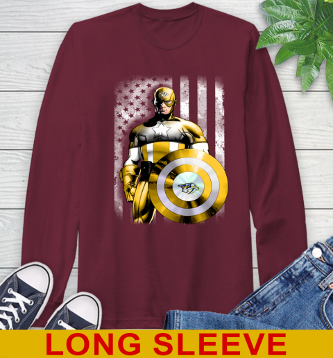 Nashville Predators NHL Hockey Captain America Marvel Avengers American Flag Shirt Long Sleeve T-Shirt 7