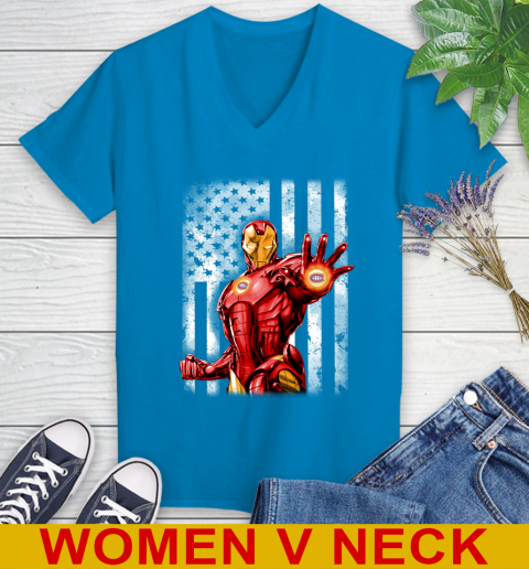 Montreal Canadiens NHL Hockey Iron Man Avengers American Flag Shirt Women's V-Neck T-Shirt 7