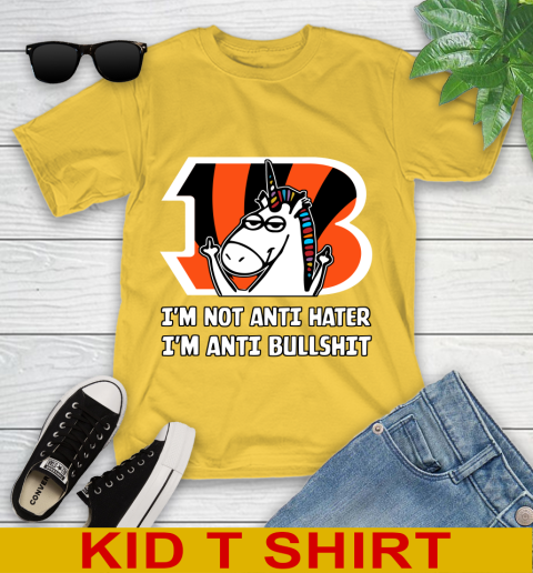 Cincinnati Bengals NFL Football Unicorn I'm Not Anti Hater I'm Anti Bullshit Youth T-Shirt 8