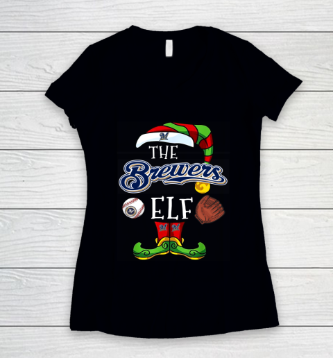 Milwaukee Brewers Christmas ELF Funny MLB Women's V-Neck T-Shirt