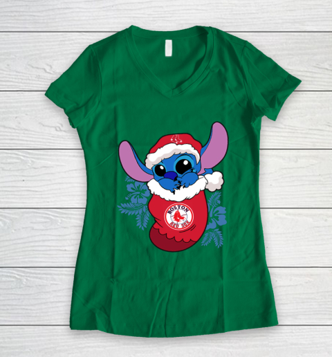 Boston Red Sox Christmas Stitch In The Sock Funny Disney MLB Women's V-Neck T-Shirt 5