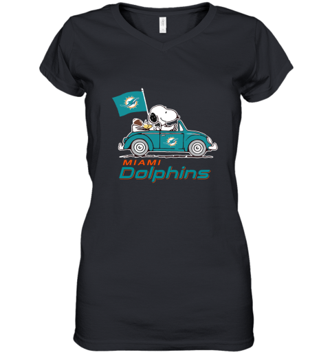 Snoopy And Woodstock Ride The Miami Dolphins Car NFL Women's V-Neck T-Shirt
