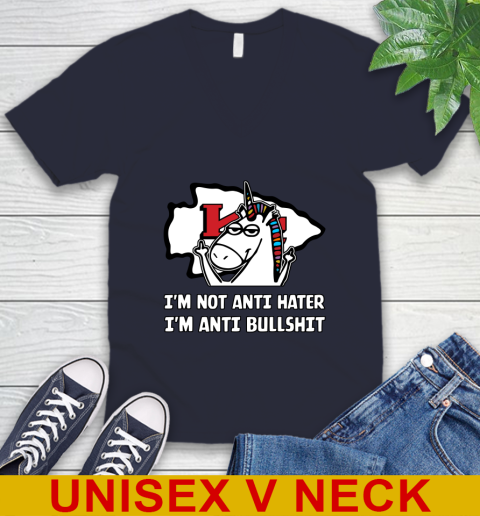 Kansas City Chiefs NFL Football Unicorn I'm Not Anti Hater I'm Anti Bullshit V-Neck T-Shirt 3