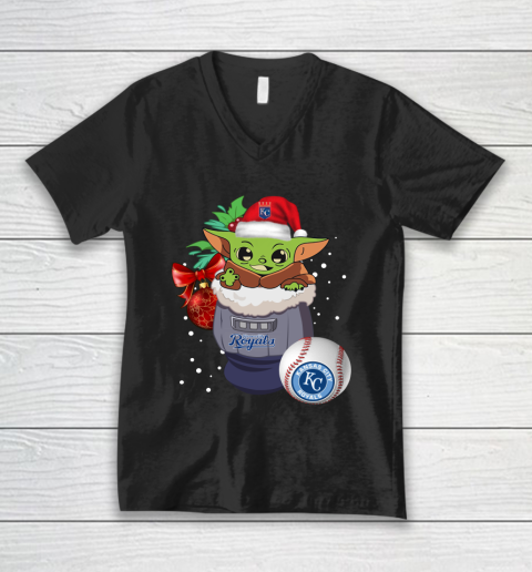 Kansas City Royals Christmas Baby Yoda Star Wars Funny Happy MLB V-Neck T-Shirt