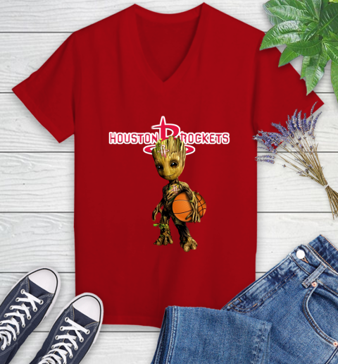 Houston Rockets NBA Basketball Groot Marvel Guardians Of The Galaxy Women's V-Neck T-Shirt 12