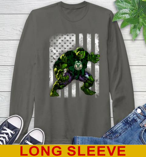 Milwaukee Bucks Hulk Marvel Avengers NBA Basketball American Flag Long Sleeve T-Shirt 10