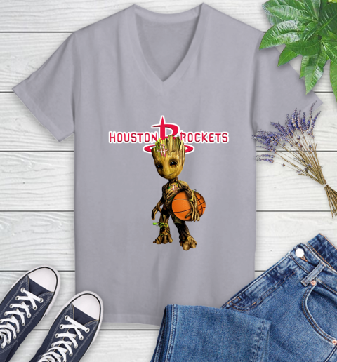 Houston Rockets NBA Basketball Groot Marvel Guardians Of The Galaxy Women's V-Neck T-Shirt 4