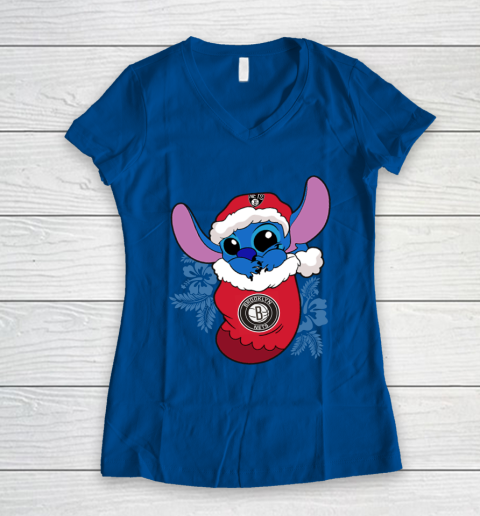 Brooklyn Nets Christmas Stitch In The Sock Funny Disney NBA Women's V-Neck T-Shirt 9